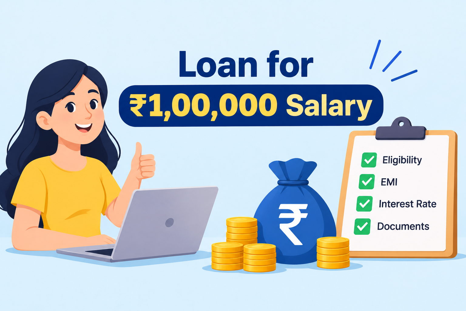 Personal loan for ₹1,00,000 salary featuring loan eligibility, EMI calculations, interest rates, required documents, and financial planning for salaried employees in India.